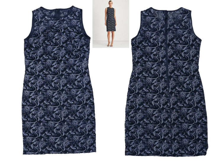 Lauren Ralph Lauren Embroidered Sleeveless Dress – Navy Blue/Silver, Size 4