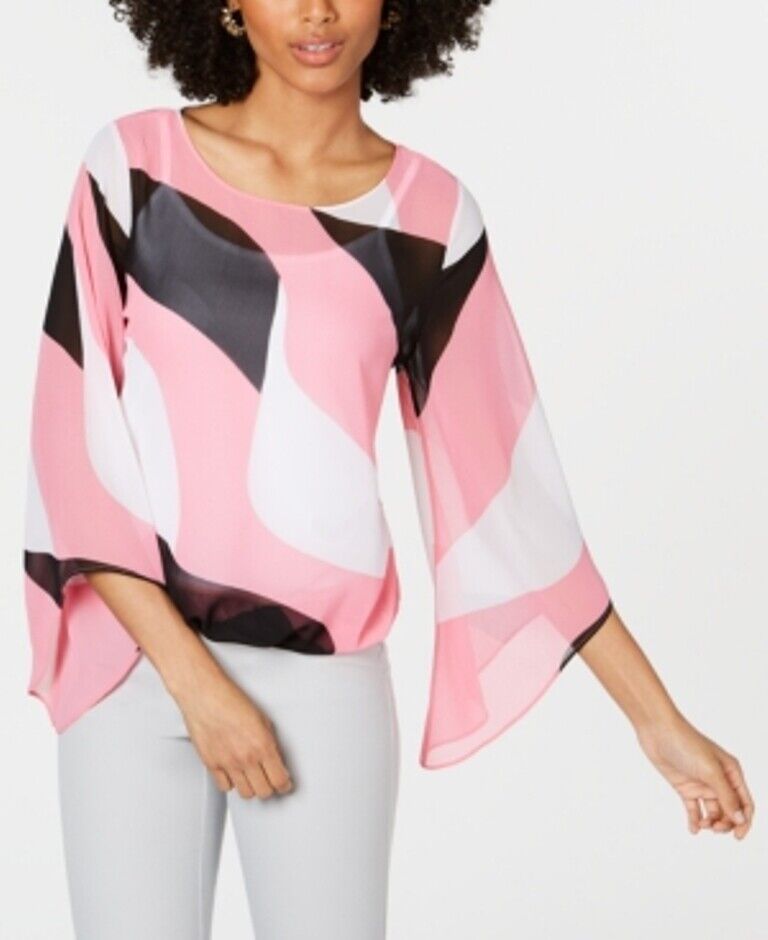 Alfani Petite Printed Bubble Top- Pink Twirl Block, Size XS