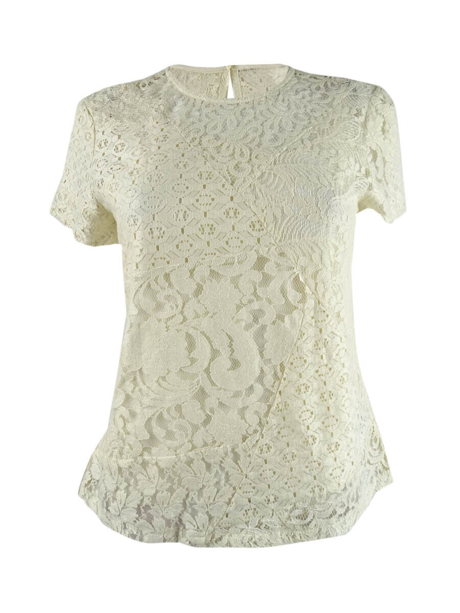 Lauren Ralph Lauren Womens Patchwork Lace Short-Sleeve Blouse, 10 Winter Cream