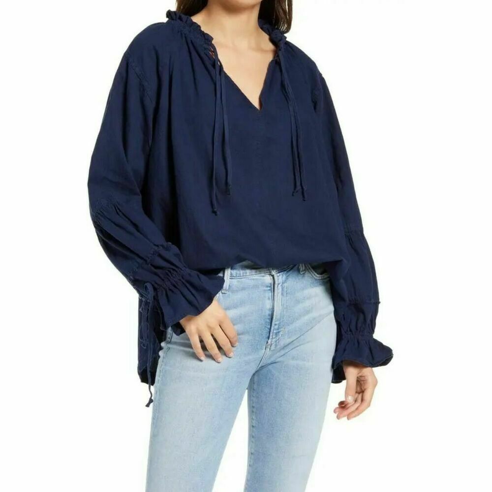 Free People Womens Alpine Denim Tie Neck Top, Blue, Size XS