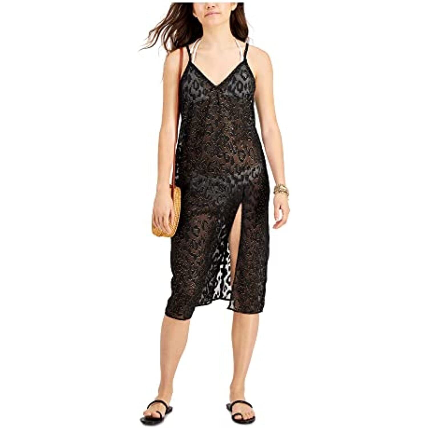 Miken Swim Womens Textured Slit Dress Deep V Neck Metallic