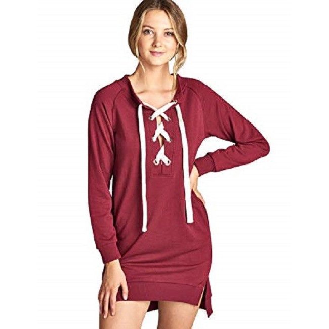 Active USA Womens Top Lace Up Sweatshirt Dress, Burgundy, Size Small