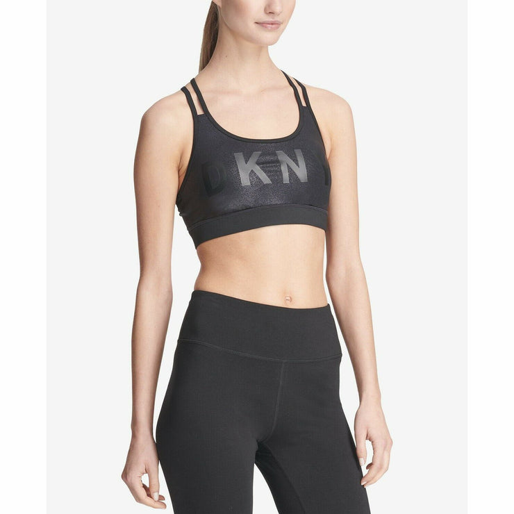 DKNY Womens Sport Logo Glitter Strappy-Back Low-Impact Sports Bra Clear Combo XL
