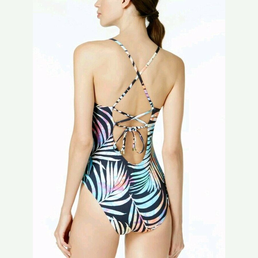 Bar III Tie-Dye Palm Lace-Up One-Piece Swimsuit, Size XL