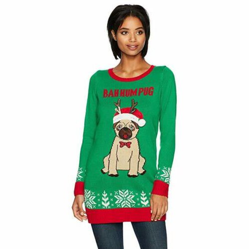 Blizzard Bay Women's Ugly Sweater Bah Hum Pug, Cloverfield, Size Large