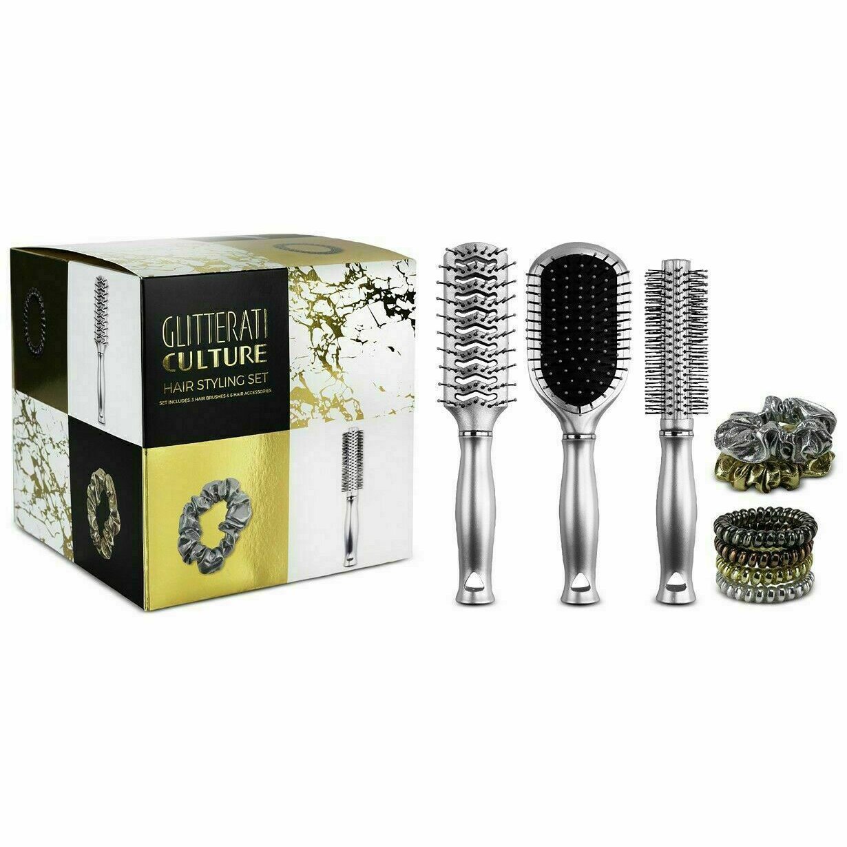 9PC Glitterati Culture Hair Styling Set Pro Round Styling Anti Static Paddle