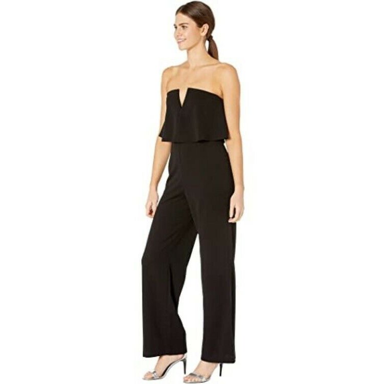 Bebe Women Black Scuba Crepe Strapless Jumpsuit V Notch, Size XS