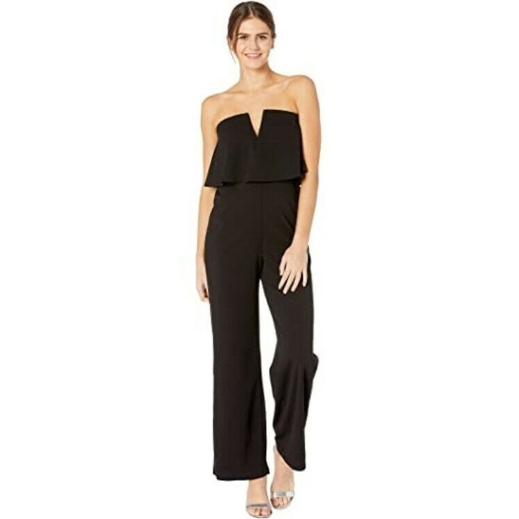 Bebe Women Black Scuba Crepe Strapless Jumpsuit V Notch, Size XS