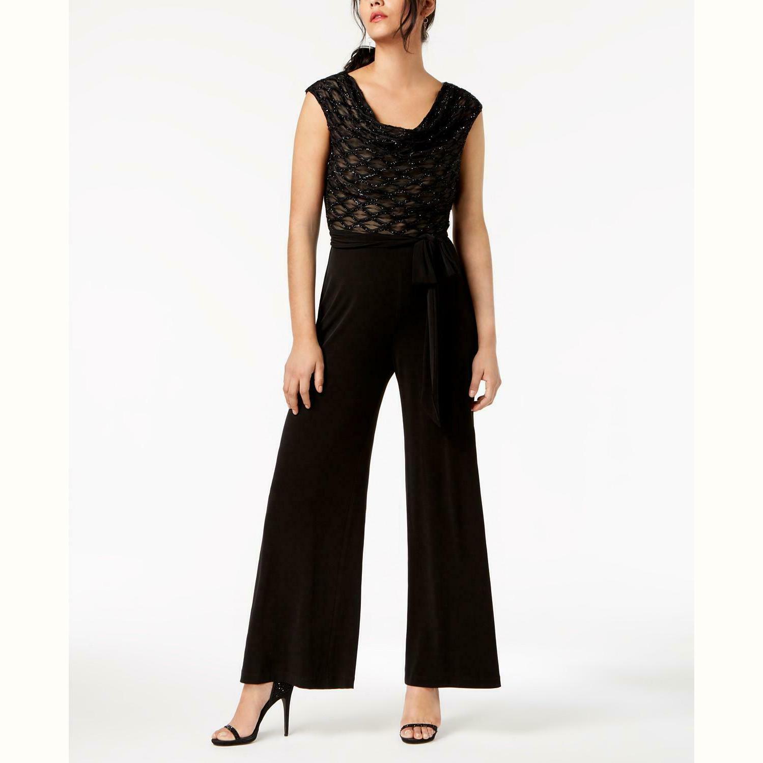 Connected Glitter Illusion Wide-Leg Jumpsuit, Size 10