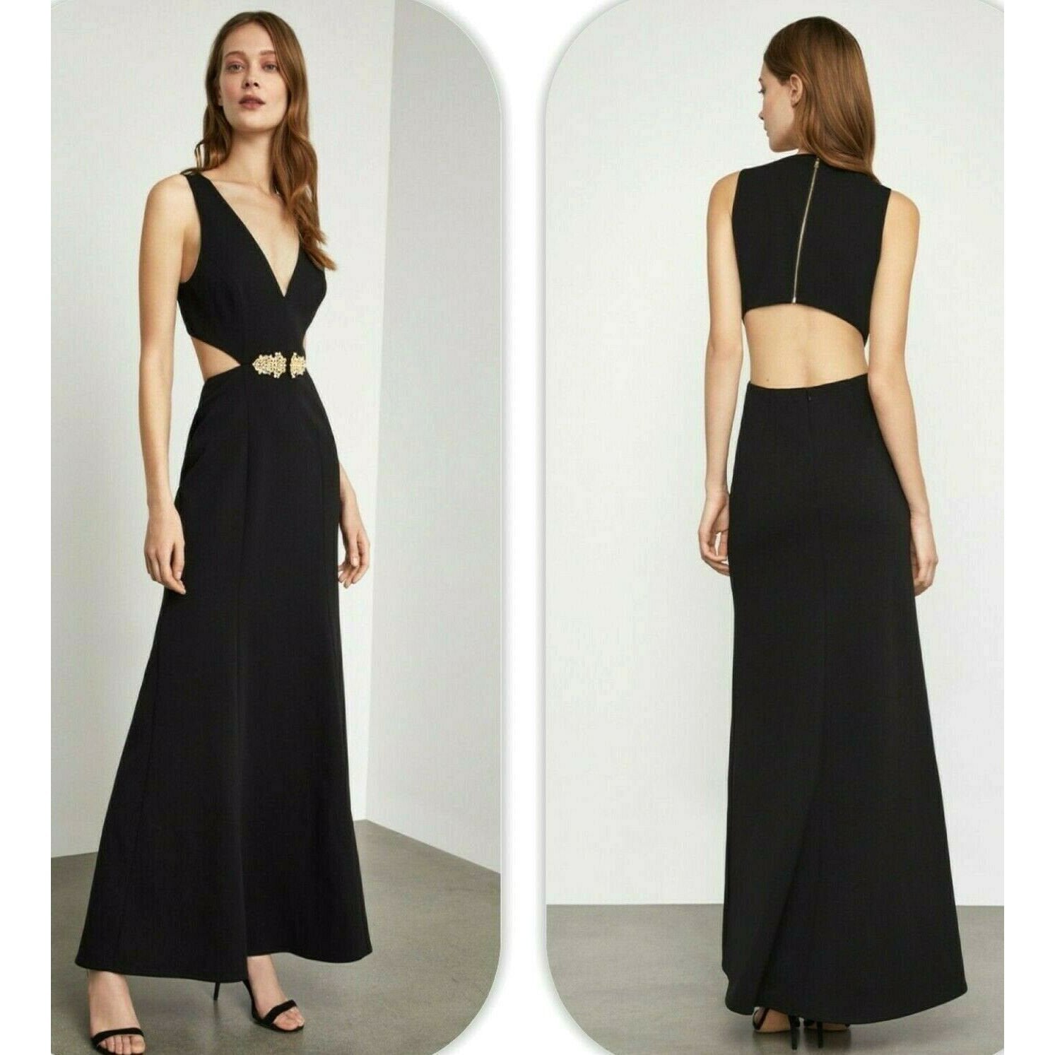 BCBG Max Azria Brooch-Trimmed Cutout Gown NNH6219752, Size 8/Black