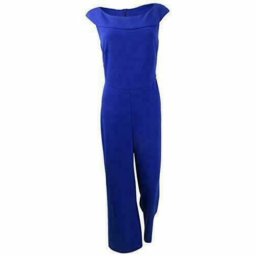 Connected Apparel Womens Blue Short Sleeve Off Shoulder Jumpsuit, Size 12
