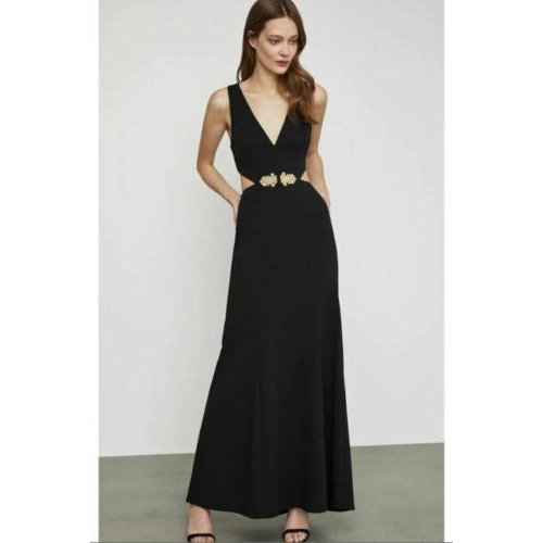 BCBG Max Azria Brooch-Trimmed Cutout Gown NNH6219752, Size 8/Black