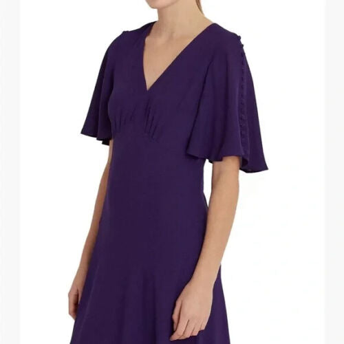 Lauren Ralph Lauren Georgette Flutter-Sleeve Dress – Tartan Purple, Size 18