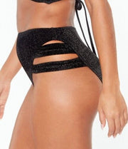 Bar III Black Shimmer Strappy-Leg High-Rise Bikini Swim Bottoms, Us Medium