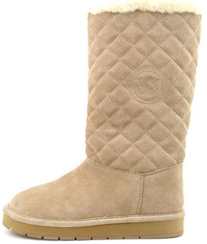 Michael Kors Sandy Quilted pieced Tall Boots khaki suede fur sherpa,Size  6