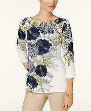 Charter Club Women’s Top Floral Boat Neck  Multicolor 3/4 Sleeve, Petite Small