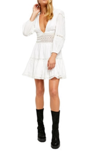 Free People The Delightful V-Neck Long Sleeve Mini Dress Ivory, Size  6