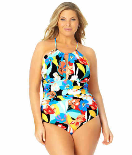 Anne Cole Signature Womens Plus Size Modern Blooms High-Neck One-Piece, 22W