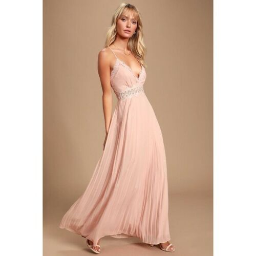 Lulus Romantic Intentions Blush Lace Pleated Backless Dress, Size Medium