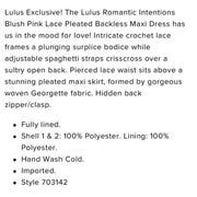Lulus Romantic Intentions Blush Lace Pleated Backless Dress, Size Medium