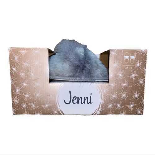 Jenni Critter Cat Ears Faux-Fur Scuff Womens Slide Slippers – Grey- Small(5–6)