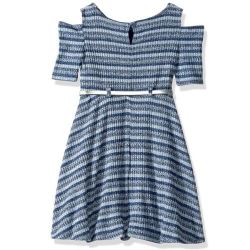 Youngland Girls Cold Shoulder Rib Knit Belted Skater Dress, Blue, Size 6X