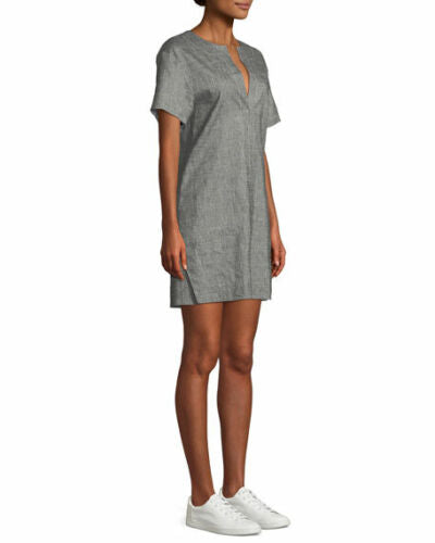 Theory Sharkskin Short-Sleeve Shift Dress, Gray, Size Medium