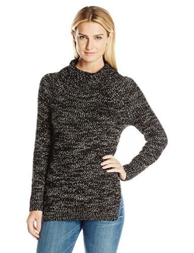 Heather B Womens Marled Hi Twist Turtle Neck Tunic with Side Slits Black/Grey L