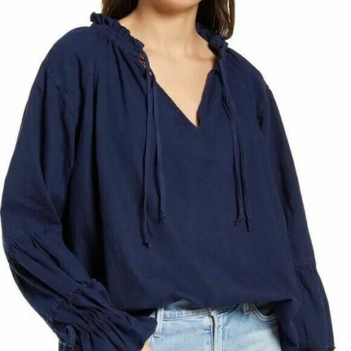 Free People Womens Alpine Denim Tie Neck Top, Blue, Size XS