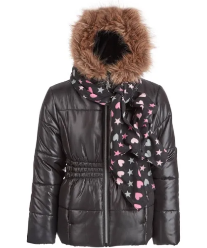 Rothschild Girls Black Puffer Jacket With Scarf and Faux Fur Trim, Size S 7/8