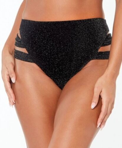 Bar III Black Shimmer Strappy-Leg High-Rise Bikini Swim Bottoms, Us Medium