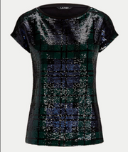 Ralph Lauren Black Multi Sequined Plaid Relaxed Cotton Blend Top, Size Medium