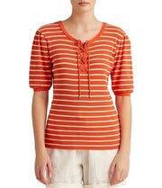 Ralph Lauren Womens Top Waffle-Knit Striped Puff-Sleeve Lace Up Neck, Size L