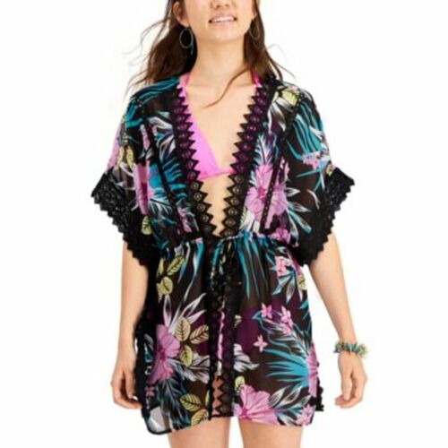 Miken Womens Black Floral Lace-Inset Tie-Front Kimono Swimsuit Cover-Up, XL