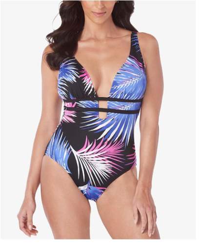 Swim Solutions Printed Plunging One-Piece Swimsuit, Size 8