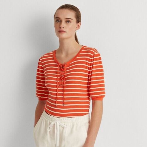 Ralph Lauren Womens Top Waffle-Knit Striped Puff-Sleeve Lace Up Neck, Size L