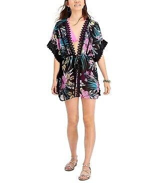 Miken Womens Black Floral Lace-Inset Tie-Front Kimono Swimsuit Cover-Up, XL