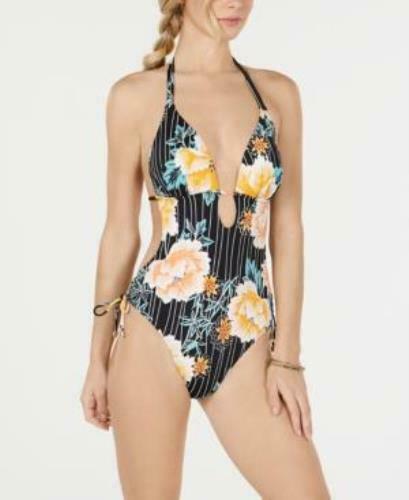 Bar Iii Floral Stripe Printed Plunging One-Piece Swimsuit, Size Small