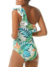 Vince Camuto Printed Ruffle One-Shoulder One-Piece Swimsuit, Size 10