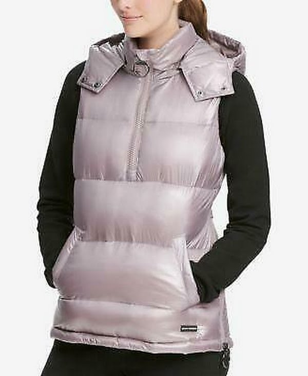 DKNY Women's Quarter-Zip Hooded Vest Metallic Static, Size  Large