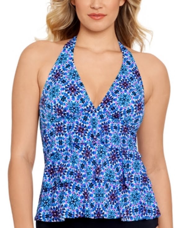 Swim Solutions Womens Blue Printed Non-Removable Cups Tankini Swimsuit Top 10