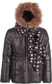 Rothschild Girls Black Puffer Jacket With Scarf and Faux Fur Trim, Size S 7/8