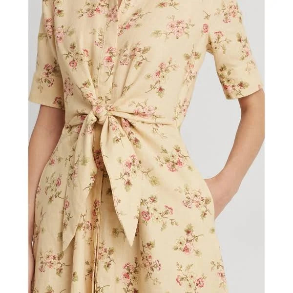 Lauren Ralph Lauren Womens Floral Tie-Front Midi Shirtdress, Cream/Pink, Size 10