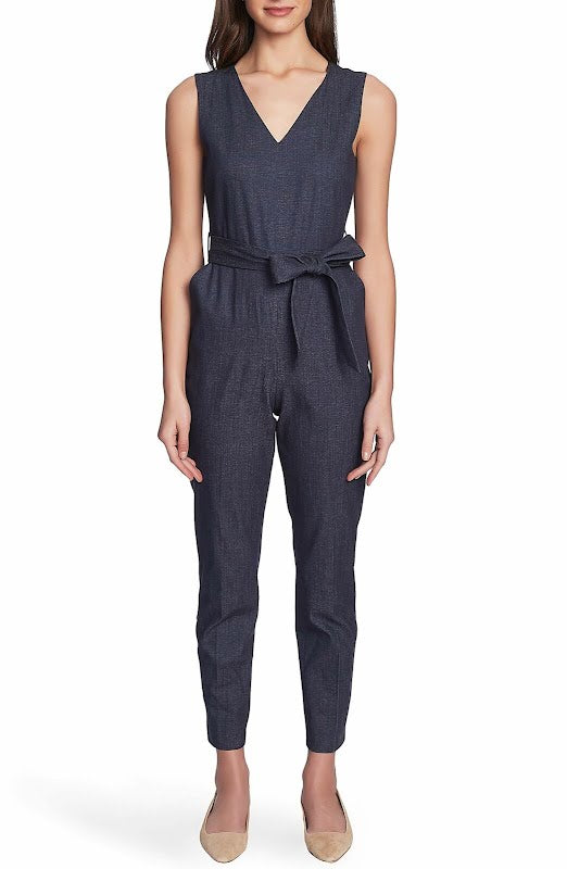 Vince Camuto Sleeveless Faux-Denim Belted Jumpsuit, Size 4