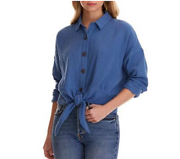 Free People Blue Sunstreaks Tie-Front Shirt - Long Sleeve for Womens, Size XS