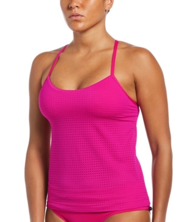 Nike Womens Pink Stretch Pocketed Sporty Essential Tankini Swimsuit Top, Large