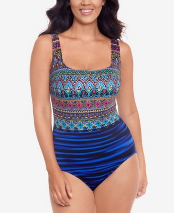 Swim Solutions Womens Blue Printed Stretch Tummy Control Strappy, Size 10