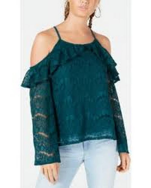 Ultra Flirt by Ikeddi Juniors Lace Cold-Shoulder Top, Lake, Size XL