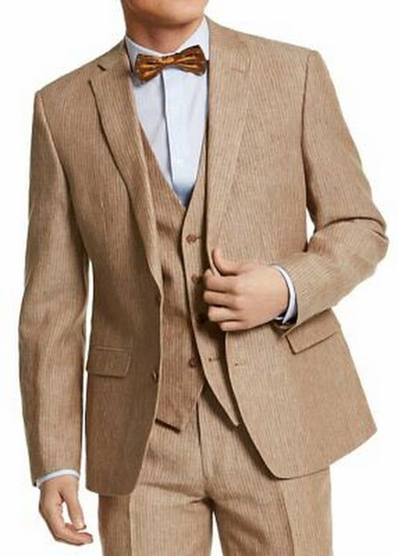 Bar III Mens Slim-Fit Tan Pinstripe Linen Suit Jacket