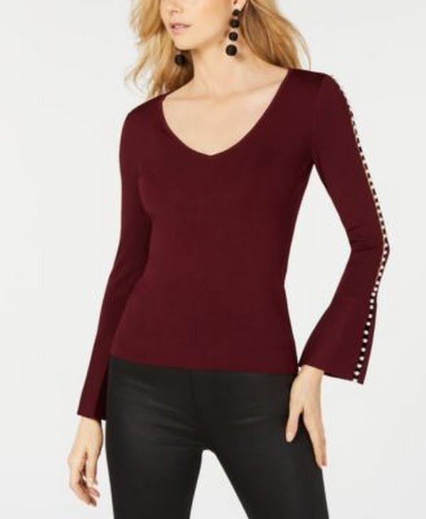 I-N-C Maroon Red Plus Pearl-Trim Bell Sleeve Sweater, Size OX
